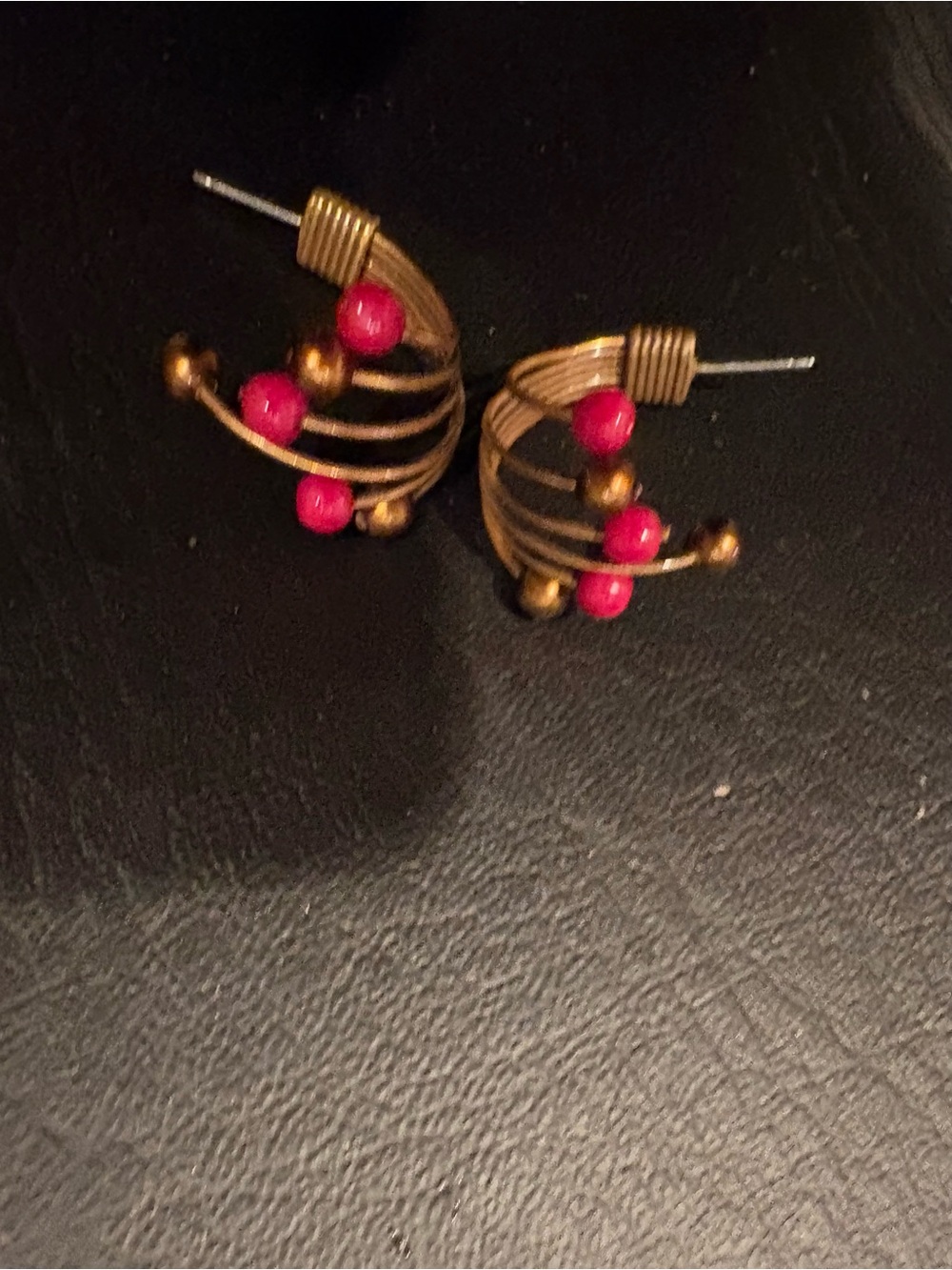 Vintage-Inspired Gold Tone Hoop Earrings with Pink Beads